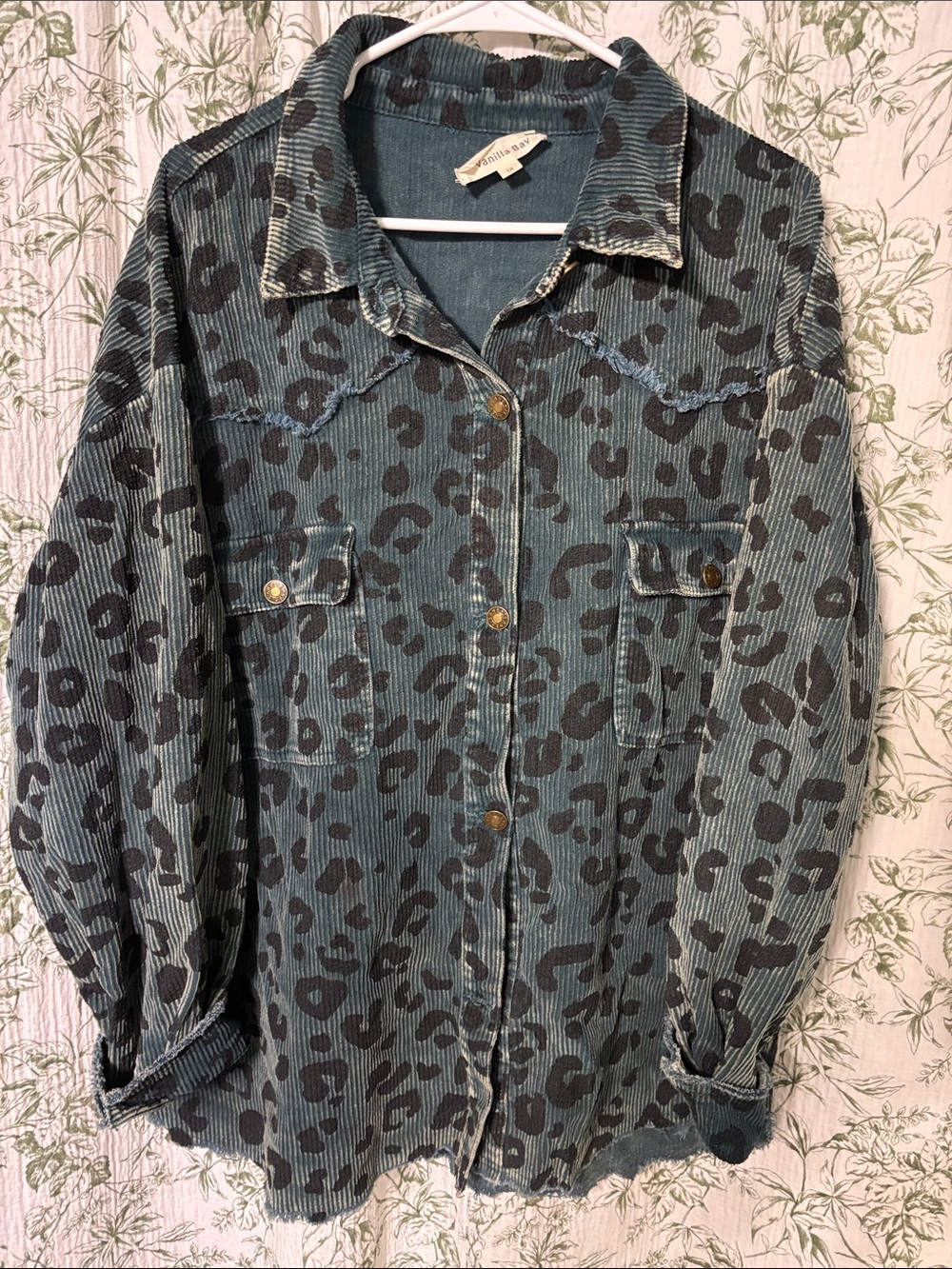 Vanilla Bay Teal Corduroy Leopard-Print Shacket